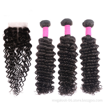 Wholesale Top 8A Malaysian Deep Wave Virgin Hair Bundles 3Pcs Lot With Silk Base Top Closure Free Shipping
